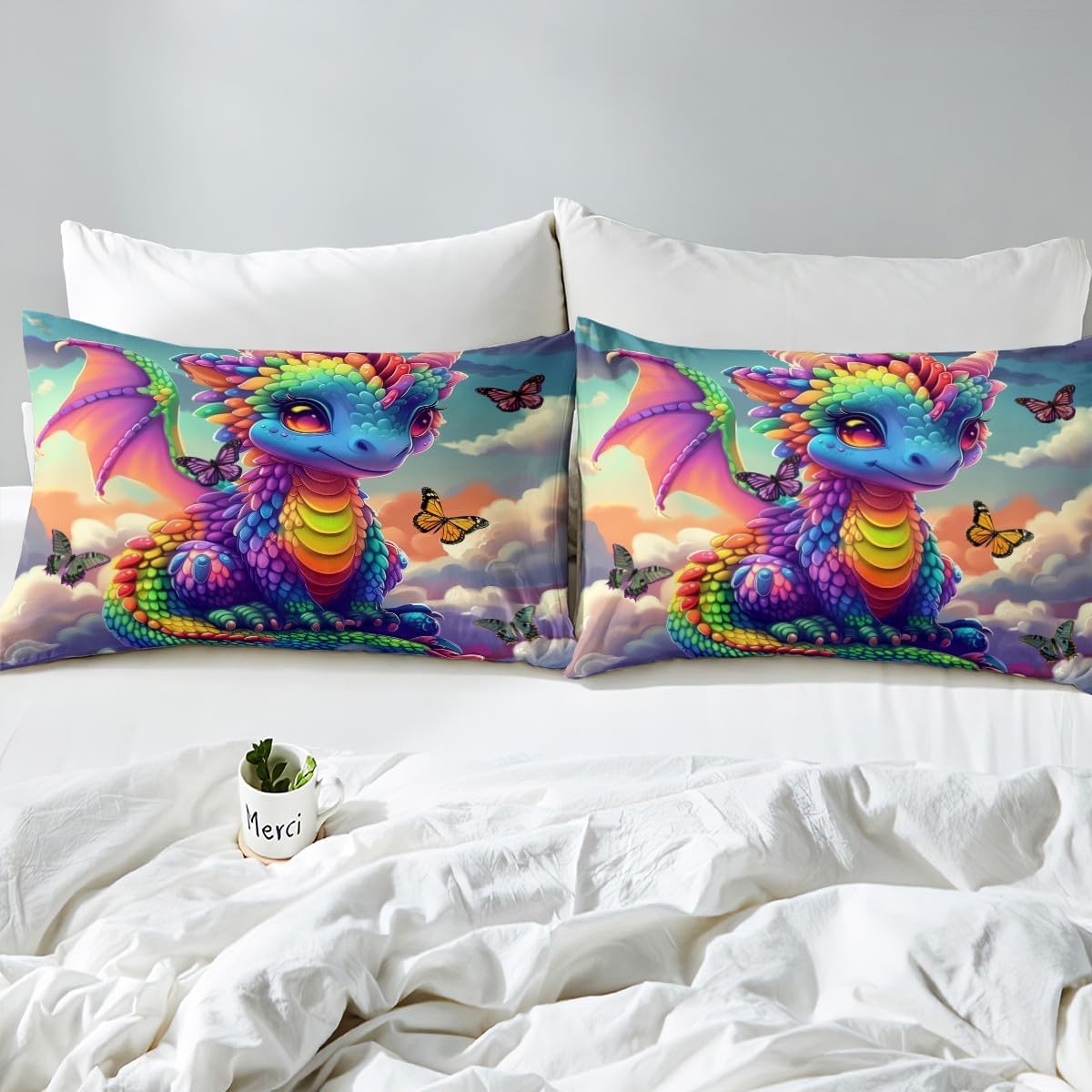 Castle Fairy Colorful Dragon Sheet Queen Size Fancy Western Animal Bedding Set Wild Butterfly Kids Teens Audlts Sunny Sky Clouds Fashion Bed Sheet Set 4pcs(Fitted + Flat + 2 Pillowcases)