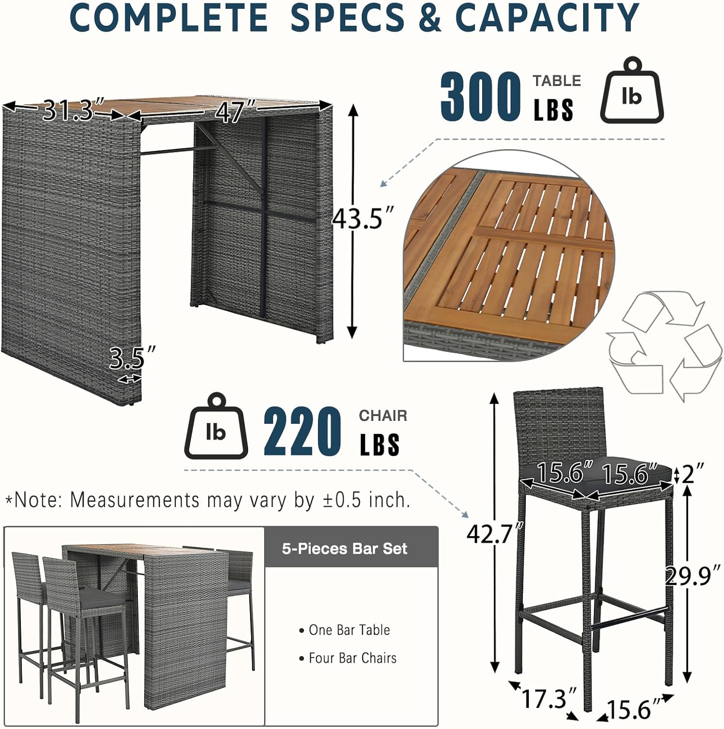 SoarFlash 5 Piece Rattan Patio Bar Set,Wicker Conversation Set Outdoor Furniture Set with Wood Desktop,4 High Stools,Dining Table for Poolside,Garden and Backyard,Grey