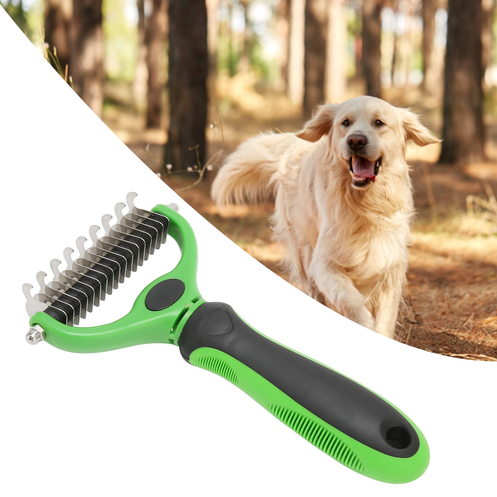 Gavigain Double Sided Pet Rake Grooming Brush, Stainless Steel Blades, Non Slip Handle, Gentle Detangling, for Dogs and Cats (L Green Black)