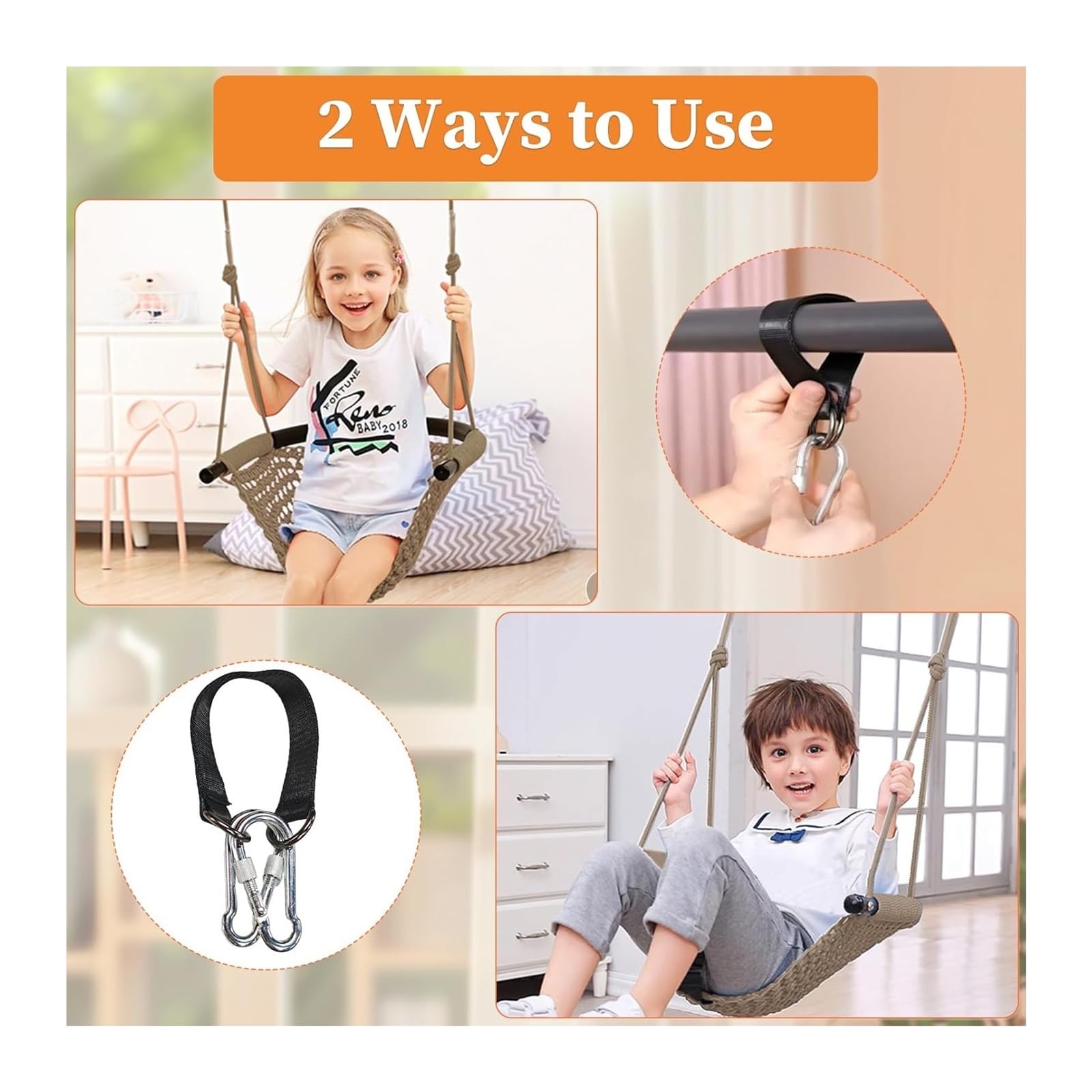 Swing Seat For Kids,Little Swing Set,Hand-Knitting Toddler Swing With Adjustable Ropes - Image 3