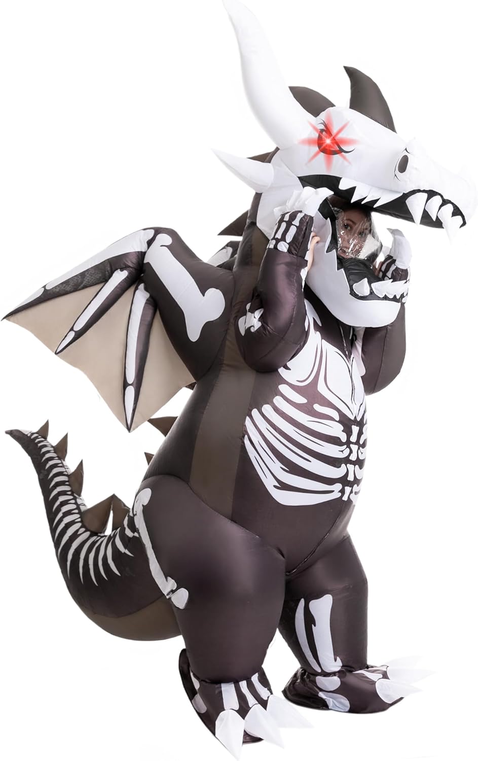 Spooktacular Creations Inflatable Costumes for Adult, LED Light Eyes Skeleton Dragon Blow Up Suit, Full Body Dinosaur Outfit for Halloween Costume Parties