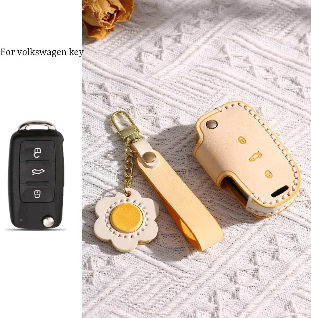 HIBEYO Leather Car Key Fob Cover for Volkswagen VW Jetta Beetle Tiguan Passat Golf MK6 Polo Smart Remote Auto Key Case Shell Replacement Key Fob Folding 3 Buttons-Yellow