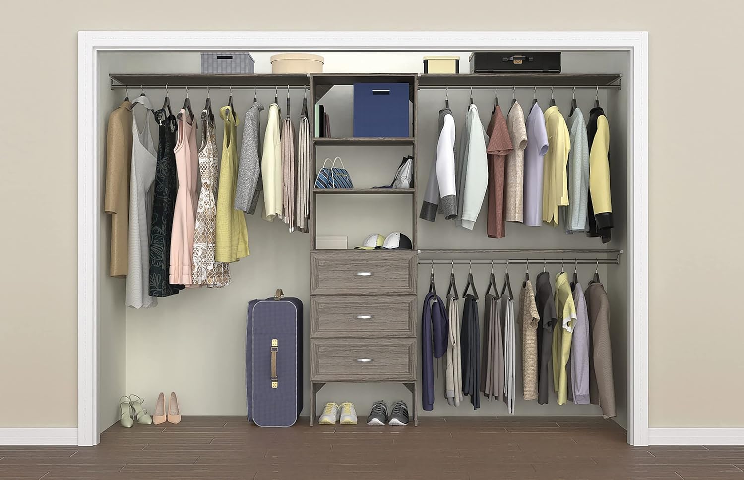 ClosetMaid SuiteSymphony Wood Closet Organizer Kit with Tower, 3 Hang Rods, Top Shelves, 3 Drawers, Adjustable, Fits Spaces 6 - 10 ft. Wide, Graphite Grey
