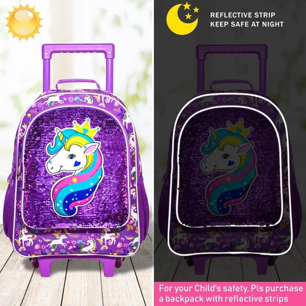 Kids Rolling Backpack for Girls, Roller Wheels Bookbag - Wheeled Elementary Sequin School Bag - 3PCS Unicorn Purple - Image 3