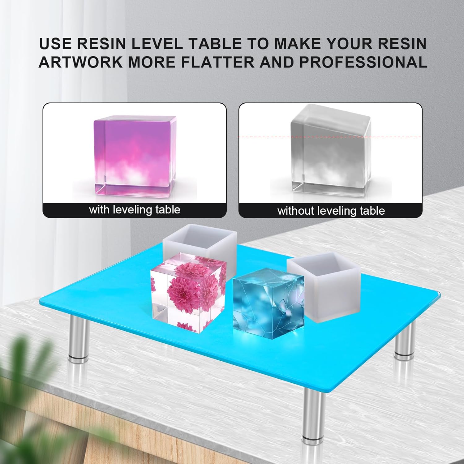 HAWERSI Resin Leveling Table with Height Adjustment,16" x 12" Heat Resistant Glass Resin Table with Silicone Mat and Letter Molds,Compatible with Resin Heating Mat,Leveling Board for Epoxy,Waves