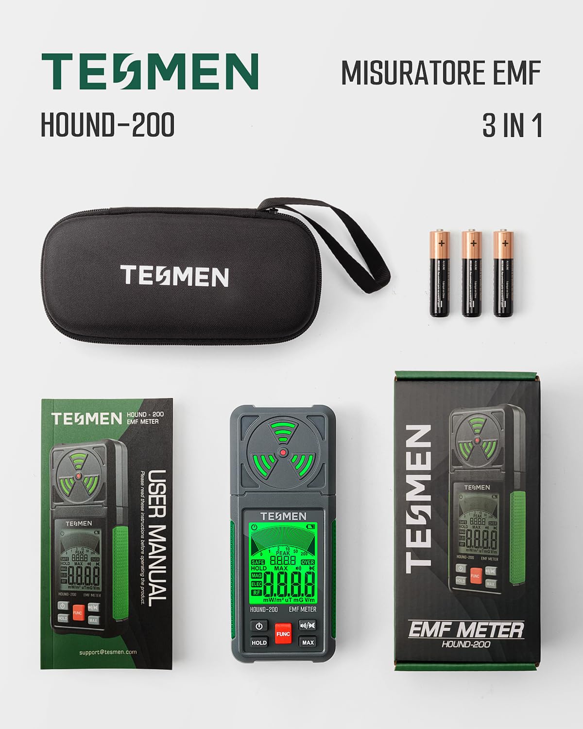 TESMEN Hound-200 Misuratore EMF, Rilevatore di Radiazioni del Campo Elettromagnetico Portatile 3-in-1 per EF RF MF, utilizzato per ispezioni EMF domestiche ed esterne e caccia ai fantasmi - Verde