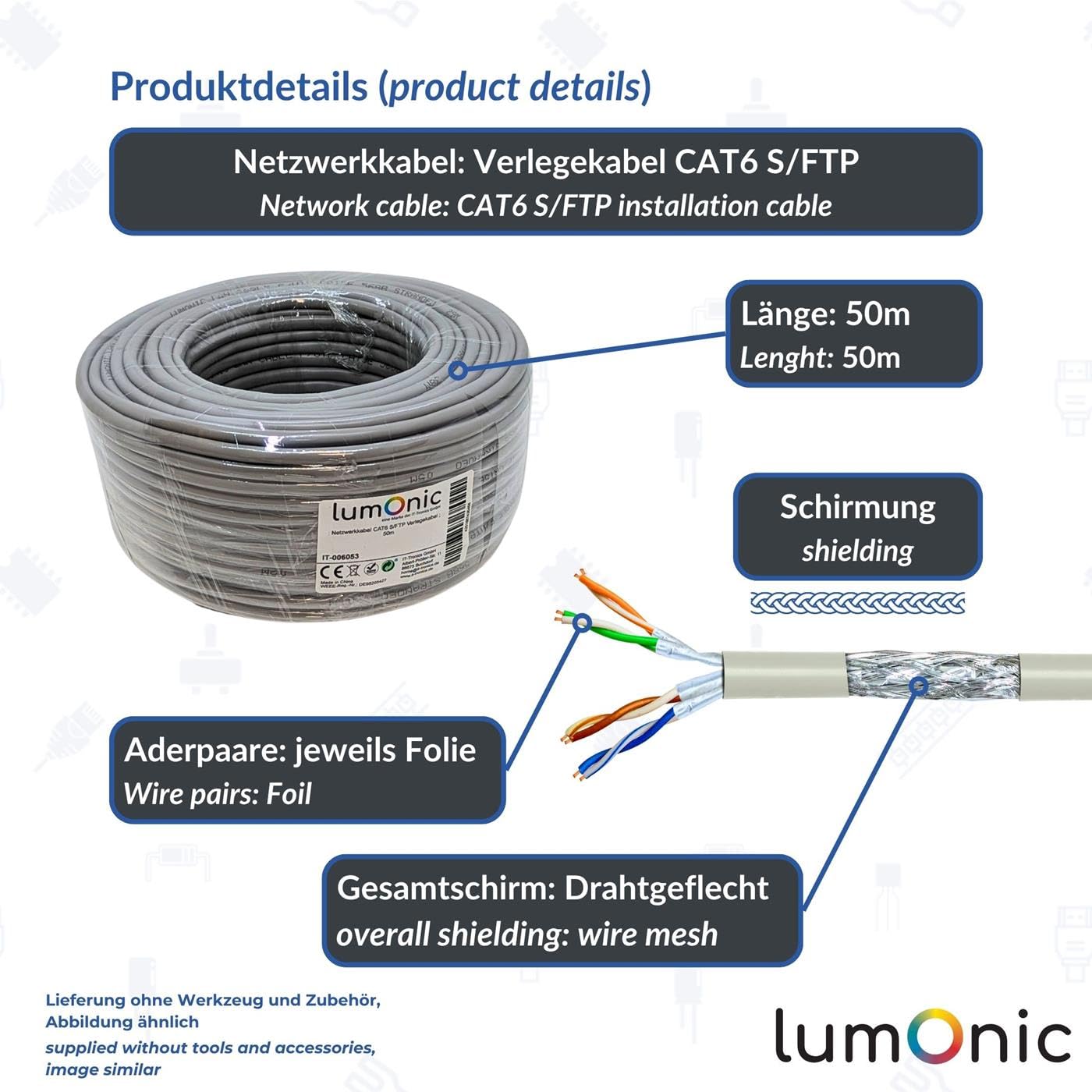 Lumonic 50m Câble de réseau CAT 6 S/FTP PIMF I Cat6-câble, Gigabit Lan Câble, Ethernet Câble I Câble de pose flexible blindé, pour l'intérieur jusqu'à 250 MHz