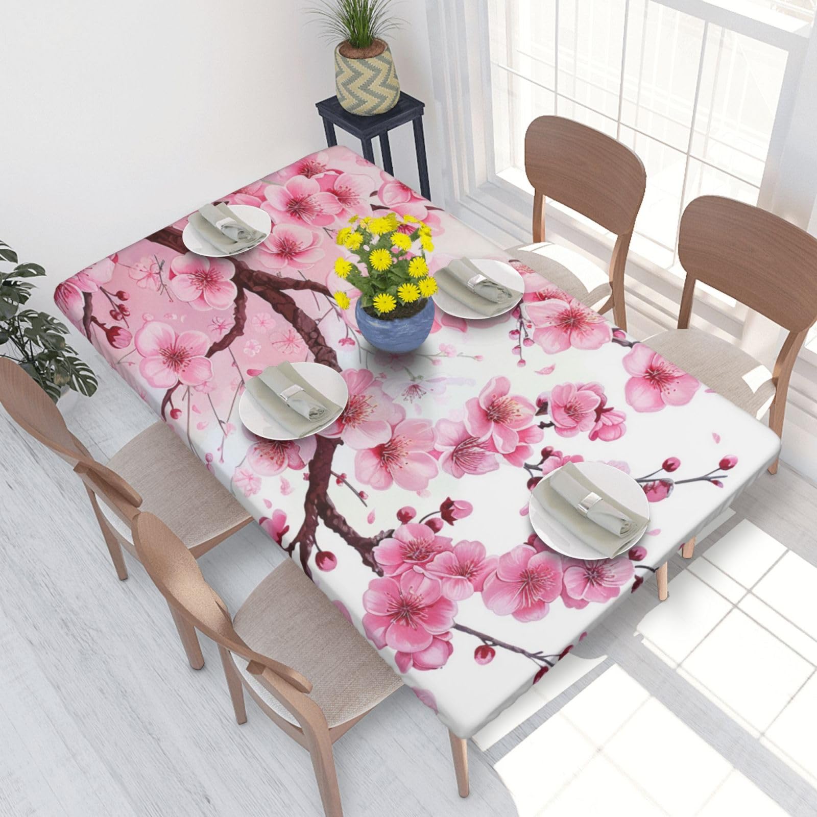 WPKJU Tempting Cherry Blossoms Printed Tablecloths 4ft Rectangular Table Covers Washable Polyester Decorative Table Cloth for Dining Table Picnic Wedding