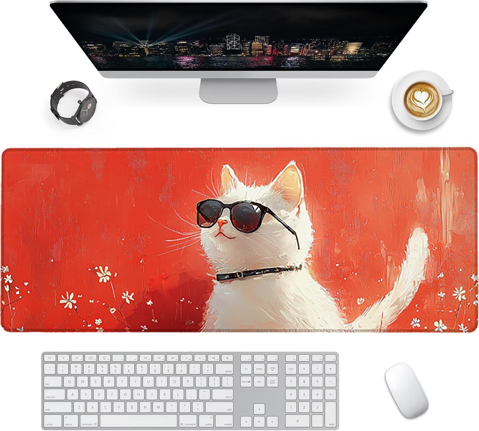 Lpfieonn Katze Schreibtischunterlage XXL, Rot Schreibtischunterlagen Großes, Gaming Mousepad XXL mit ernähter Rand und Rutschfeste Gummibasis, Wasserdicht Desk Mat für PC/Laptop/Mausa 120x60cm PF-2936