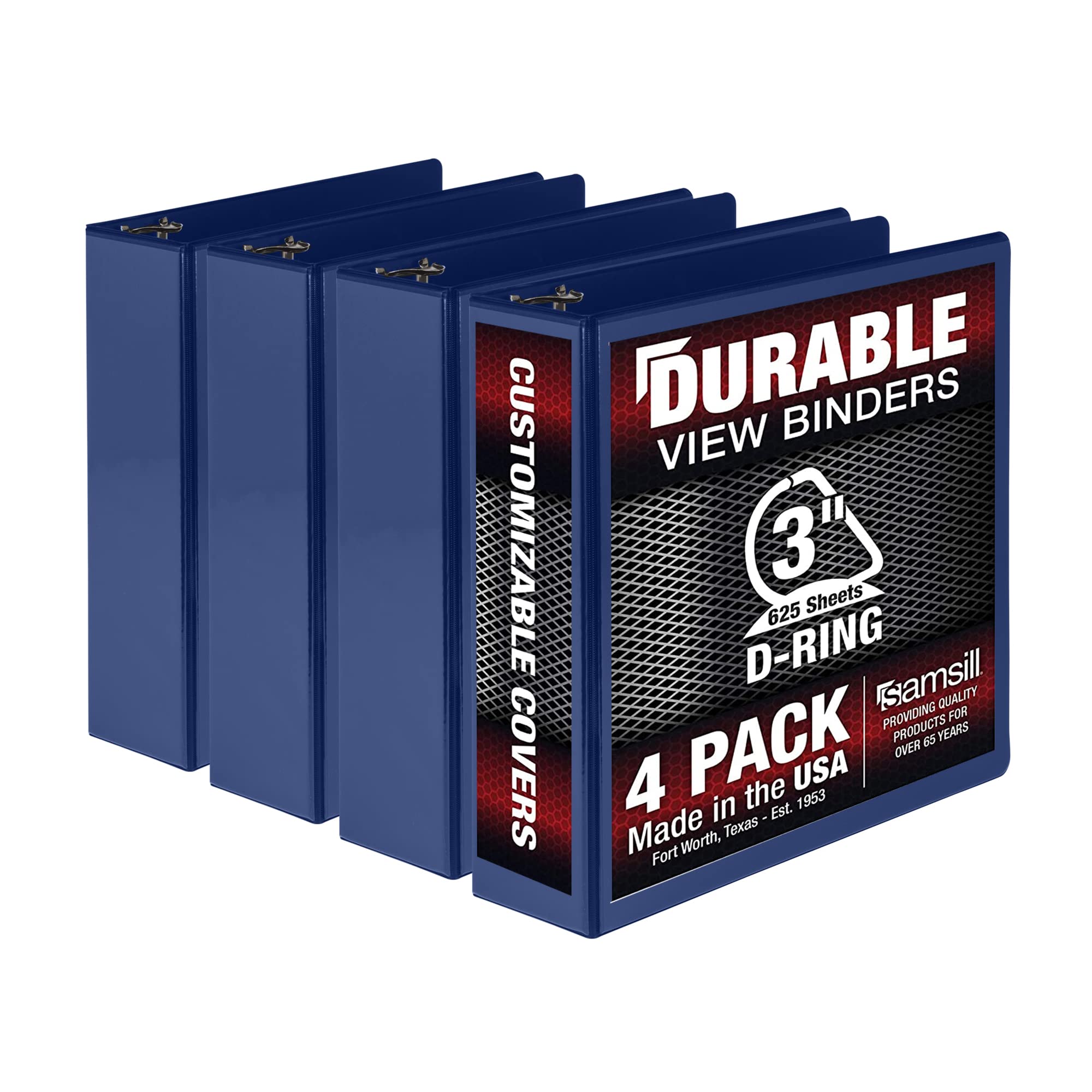 Samsill Durable 3 Inch Binder, Made in the USA, D Ring Binder, Customizable Clear View Binder, Blue, 4 Pack, Each Holds 625 Pages