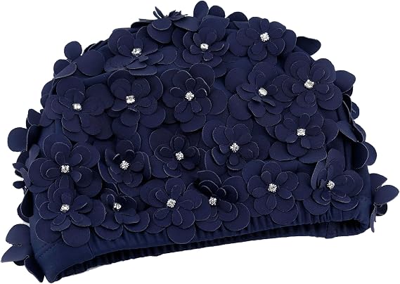 Vintage Floral Petal Swim Cap Bathing Hats for Women and Girls - Retro Elastic Swimming Turban with Flowers, Rhinestone Accents