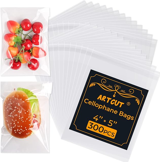 Artcut 300 PCS Cellophane Bags, 4" X 5" Cookie Bags Clear Bags Clear, Self-Adhesive Cellophane Bags, Small Sweet Bags, Small Plastic Bags Treat Bags Clear Bags for Sweets, Gifts