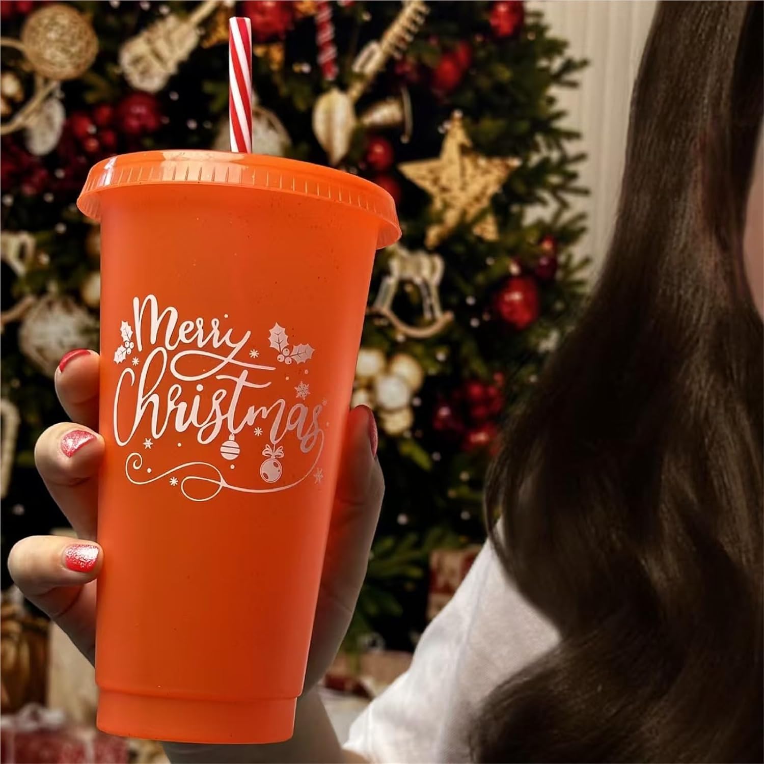 10 Set Christmas Plastic Cups With Lids And Straws, 24oz Reusable Christmas Cups For Xmas Gift Holiday Party Supplies