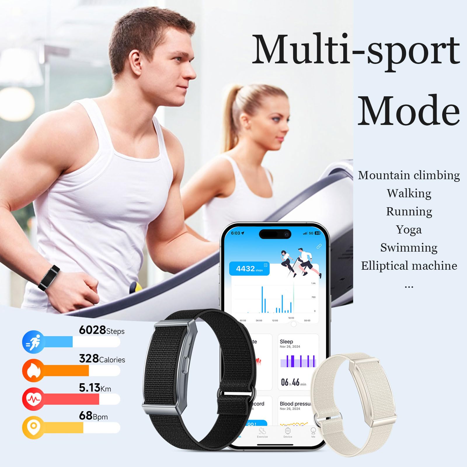 findtime Aktivitätstracker Fitness Armband ohne Display Schrittzähler Schlafmonitor Herzfrequenzmesser Kalorie Distanz-Tracking Multisport Modi IP68 Wasserdicht Leicht 2 Armbänder Schwarz