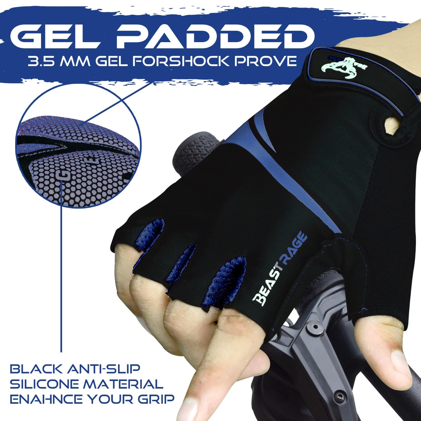 BEAST RAGE Guantes de ciclismo de medio dedo para hombres y mujeres, guantes de bicicleta transpirables sin dedos con palma antideslizante, absorción de golpes, acolchado de gel para ciclismo de