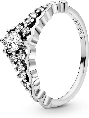 Pandora Joyería - Anillo de circonita cúbica de tiara de cuento de hadas regalo para ella plata de ley Metal Zirconia cúbica