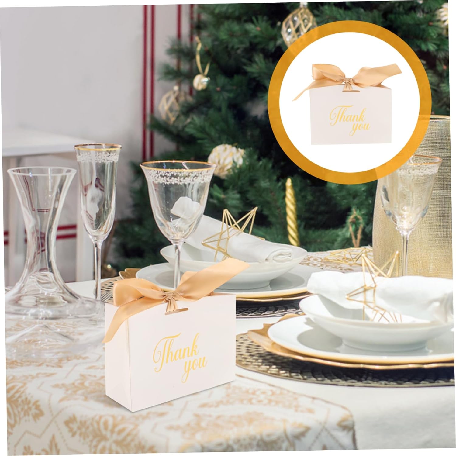 IWOWHERO 50pcs Small Gold Printed Candy Boxes for Weddings Birthdays Holidays Elegant Favor Treat Boxes Ribbons Goodie Packaging for Guests