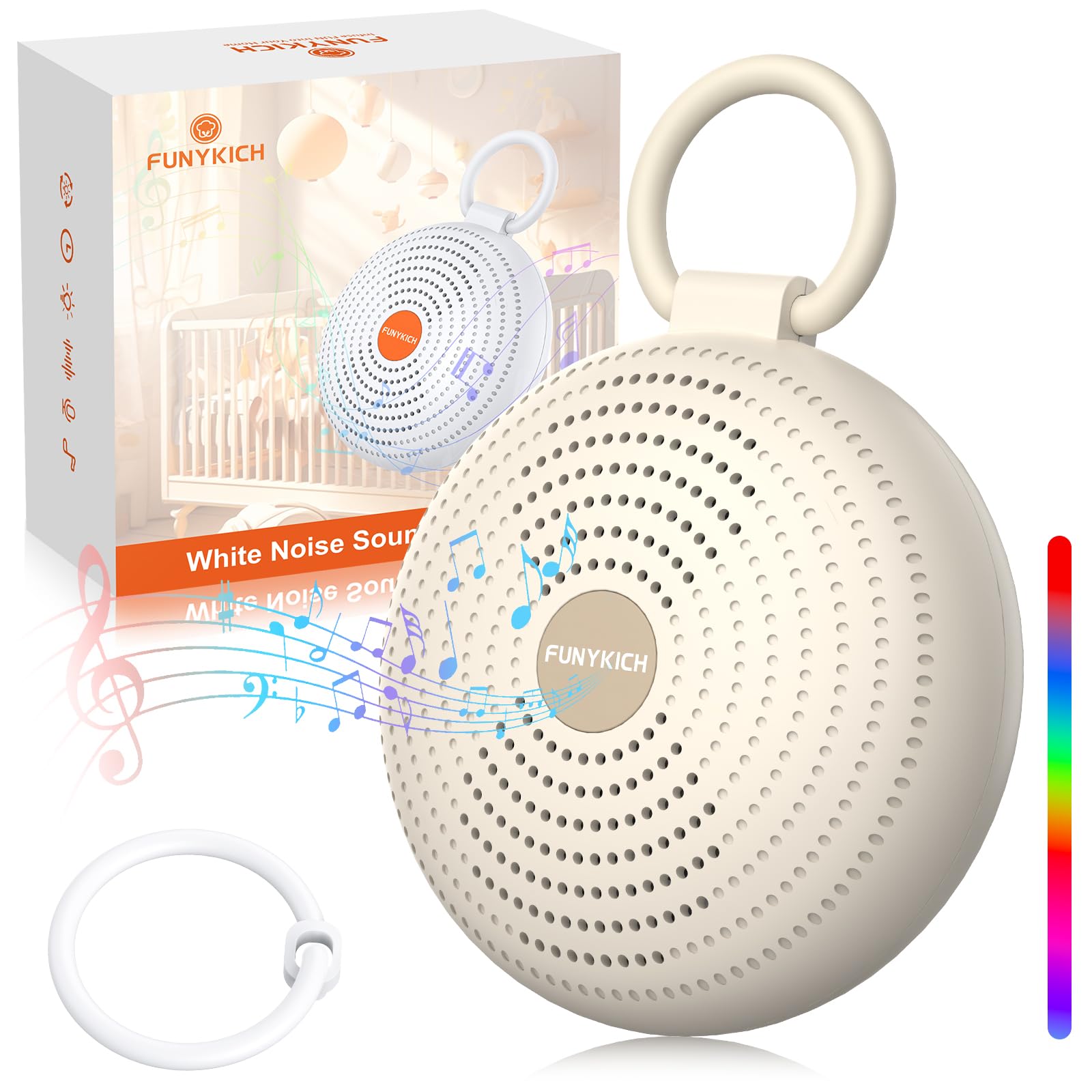 FUNYKICH White Noise Machine Baby, Tragbare Einschlafhilfe Weißes Rauschen Erwachsene mit 2 Aufnahmefunktion, Wireless Lautsprecher,24 Beruhigende Klänge, 7 Bunte Licht, 3 Timer Sound Machine, Grau