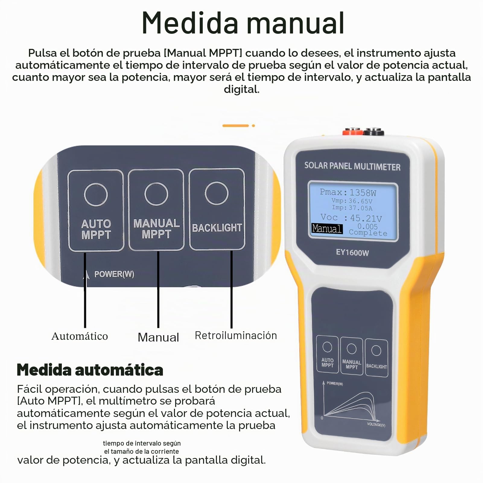 Multímetro de panel solar, probador MPPT de panel solar de 1600 W, probador de voltaje de circuito abierto, voltaje de punto de potencia de masa, medidor de prueba de potencia actual con LED