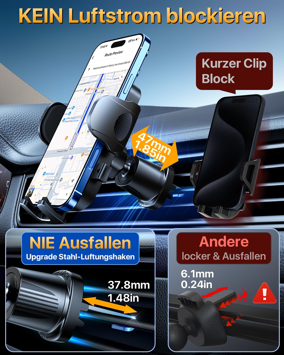 [2026 Militär-Klasse] YRU Handyhalterung Auto Handy Halterung Auto [Stärkst Saugnapf & Clip] Universal Auto Handyhalterung Armaturenbrett Scheibe Lüftung für iPhone 17 Pro 16 Samsung S25 ultra Schwarz