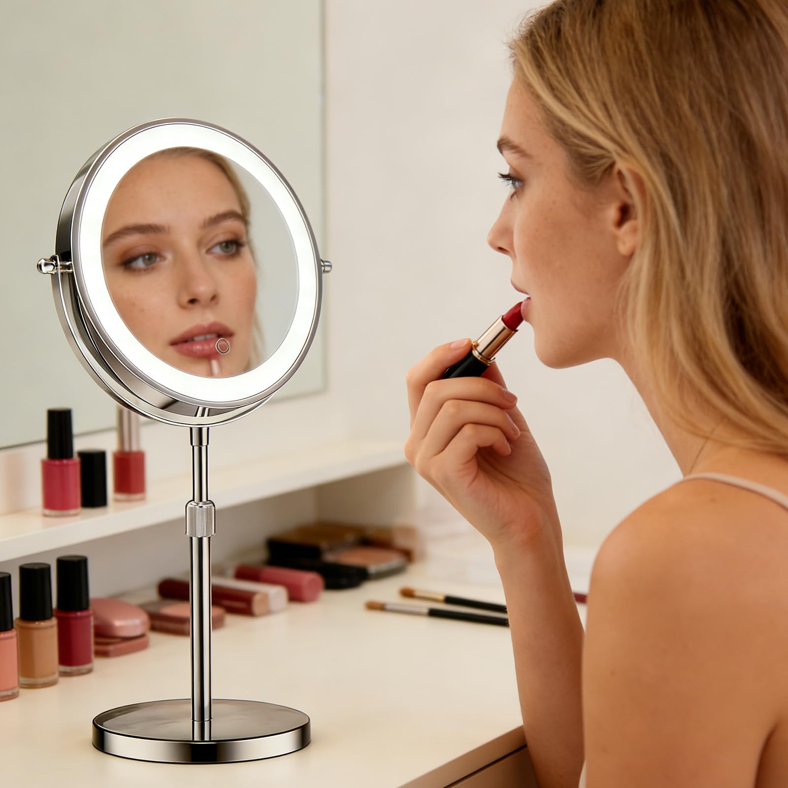 Miroir de maquillage éclairé par LED avec hauteur et grossissement latéral pour des cosmétiques impeccables Miroir réglable en hauteur