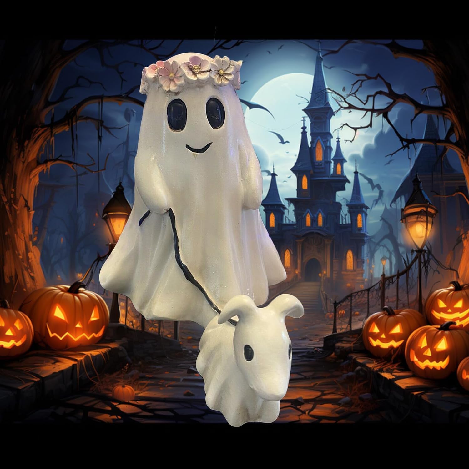 Asslye Halloween Ghost Walking Dog Statue, Halloween Ghost Dog Statue,Spooky Ghost Dog Halloween Figurine, Funny Ghost Walking a Ghost Dog Figurine, Halloween Decorations for Home (Girl-15cm)