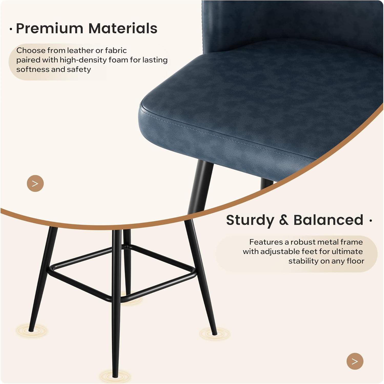 Swivel Bar Stools Set of 2, 26" Counter Height Bar Stools with High Back and Metal Legs, Faux Leather Bar Chairs, Modern Barstools for Kitchen Island, Dark Blue