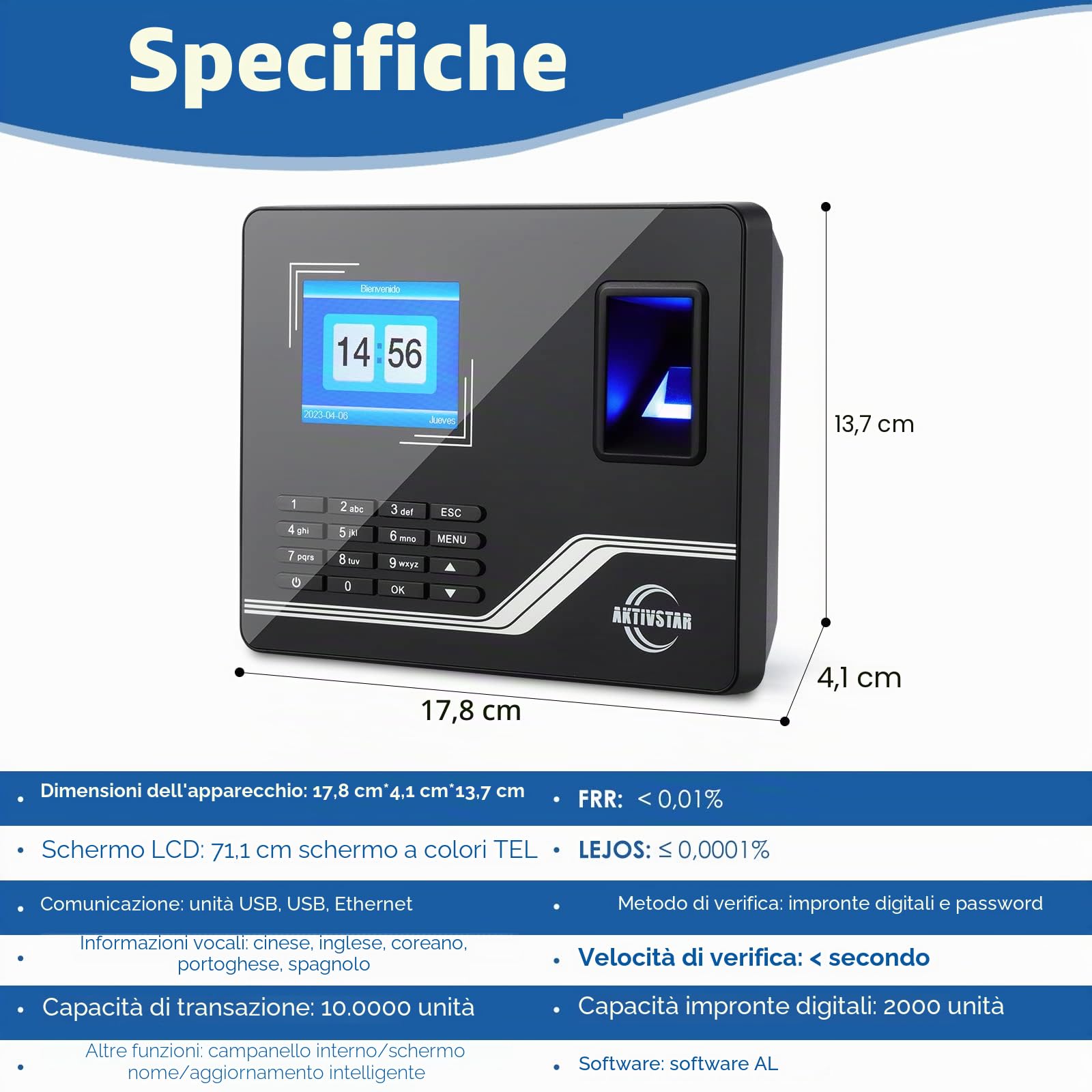 Aktivstar Controllo Orario Dipendenti, Scheda con Schermo, Memoria USB da 8GB, Macchina di Assistenza Biometrica con Capacità di 1000 Impronte Sistema Spagnolo, Senza Connessione Internet