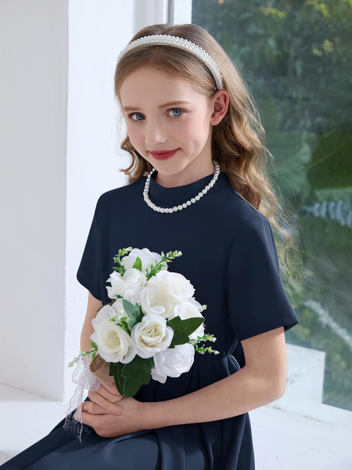 Haloumoning Girls Dresses Kids Back Bow Mock Neck Short Sleeve A-Line Wedding Party Midi Dress with Pockets 5-14Y - Image 5