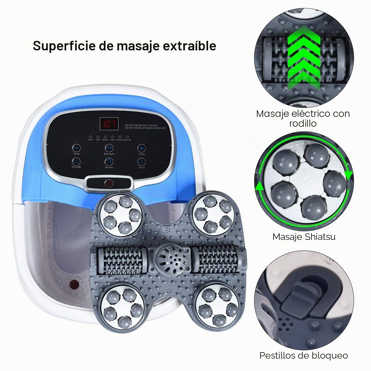 GOPLUS - Baño de pies relajante con luz roja y función de ducha, calentador y vibrador con burbujas, masajeador de baño de pies con temperatura y tiempo ajustable, 6 rollos eléctricos (azul)