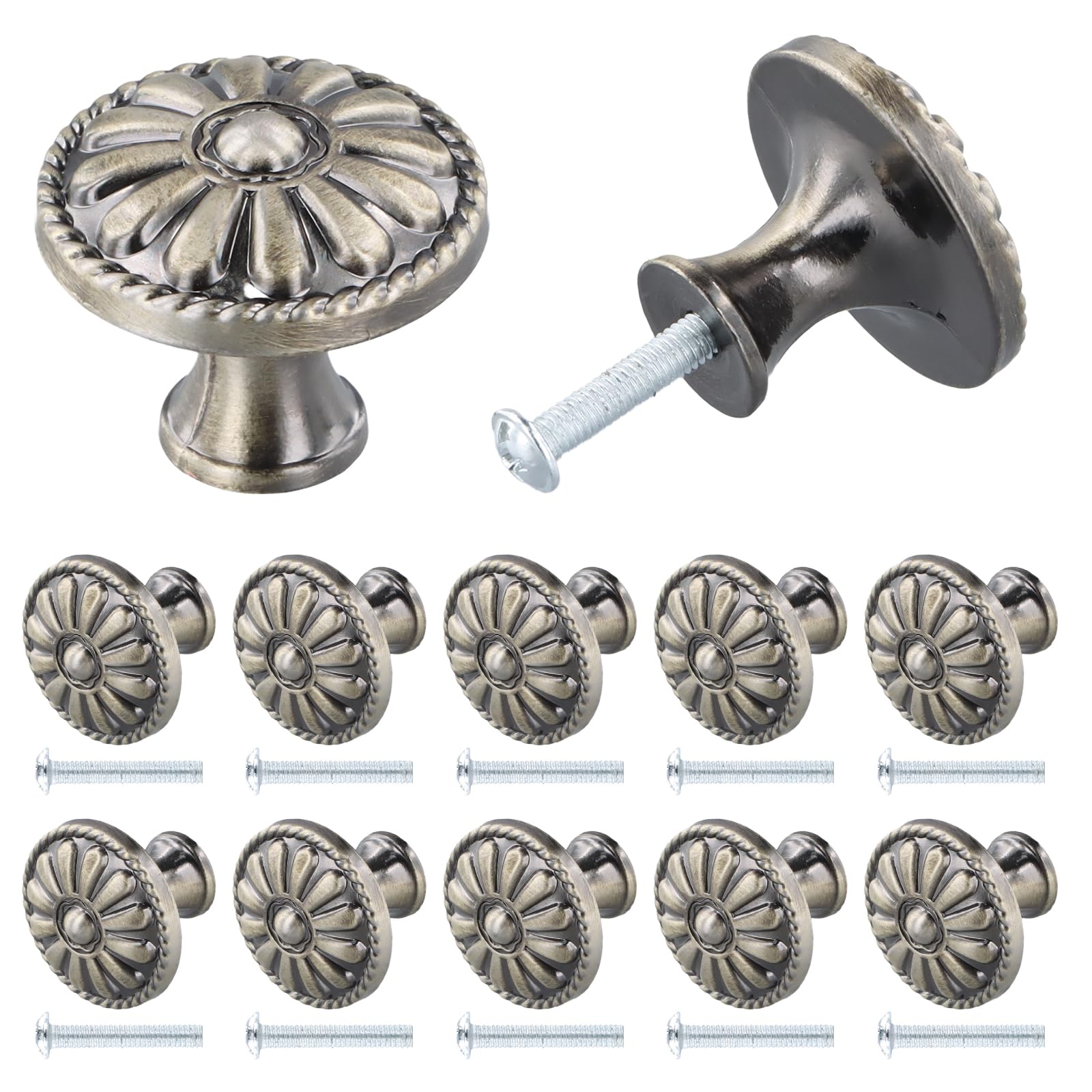 Jinlaili B-Bronze 10Pcs Vintage Cabinet Knobs, 35Mm Vintage Shabby Chic Round Drawer Knobs, Kitchen Cabinet Cupboard Drawer Door Knobs Pull Handles For Chest Of Drawers Kitchen Cabinet Cupboards (B-Bronze)