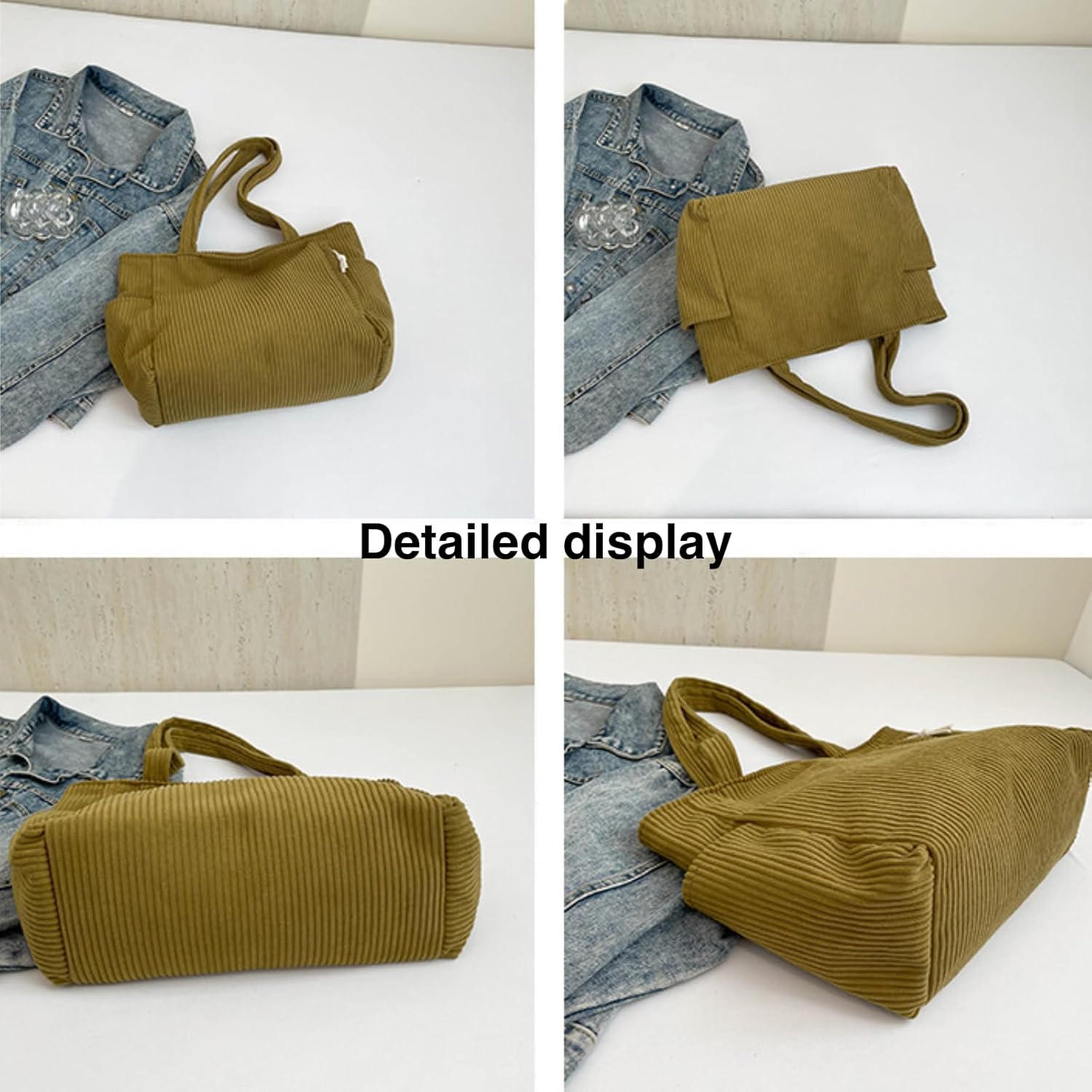 Corduroy Tote Bag With Zipper, Canvas Shoulder Handbag Cute Large Purse for Women Girl, Commuter Bag Casual Shopping Work Bag - Image 5