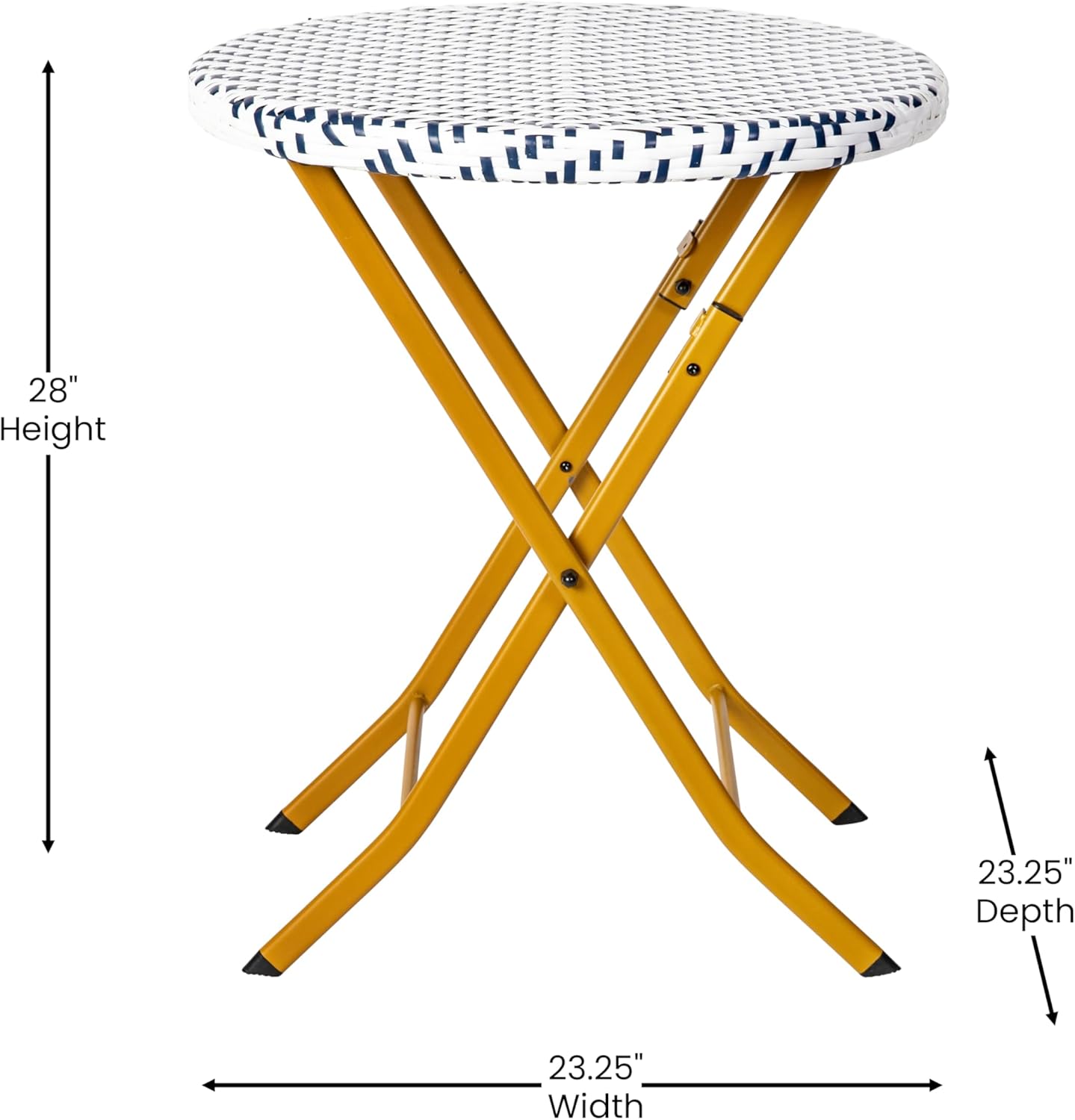 EMMA + OLIVER Ciel Three Piece Folding Bistro Set - Navy and White PE Rattan - Natural Finish Metal Frames - Indoor/Outdoor Use