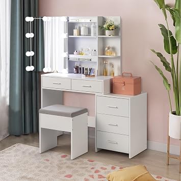 Grey Vanity Desk Set with LED Mirror & Charging Station, Makeup Dressing Table with 5 Drawers, 3 Lighting Modes, Adjustable Brightness, Cushioned Stool for Bedroom White