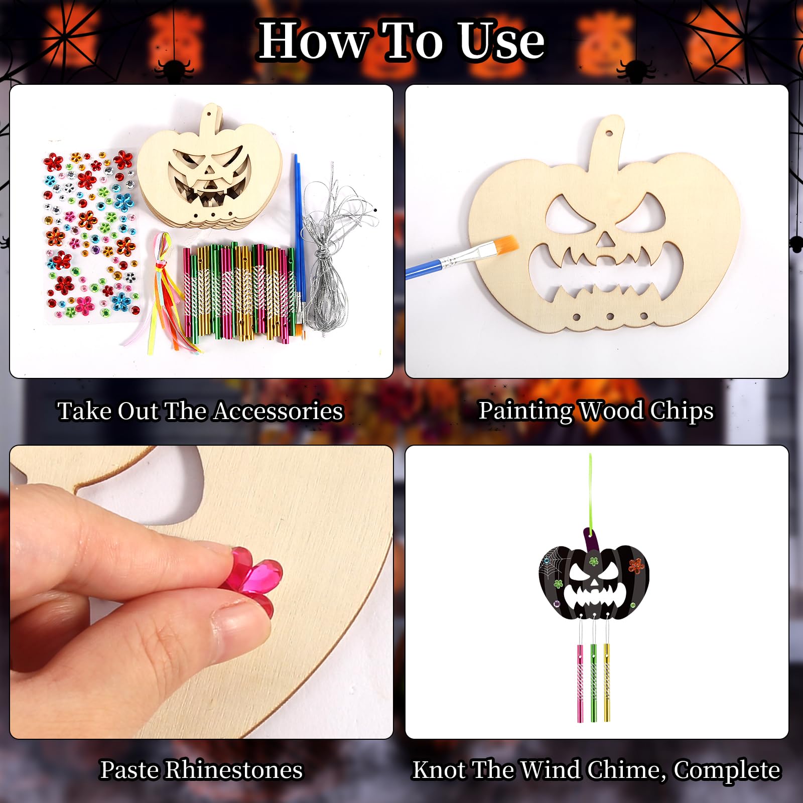 Kit DIY Carillons à Vent Halloween Citrouille - 9 Pièces - À Peindre Et Décorer - Pour Enfants
