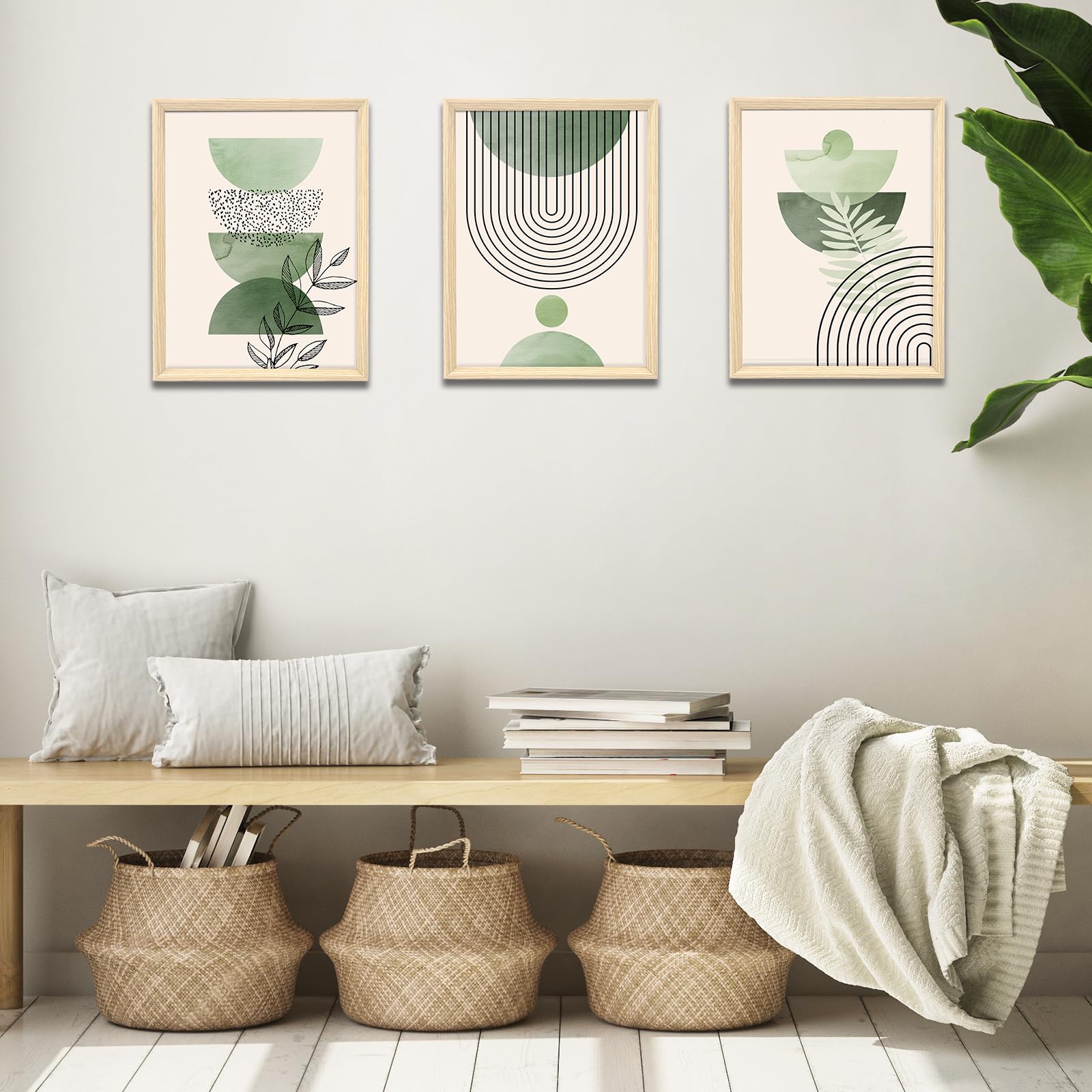 3 Pcs Wooden Framed Canvas Wall Art Set Bohemian Sage Green Canvas Prints Poster Geometric Line Beige Green Pictures for Living Room Bedroom Dinning Room Hallway Stairs Wall Decor 30x40cm x3pcs — view 210