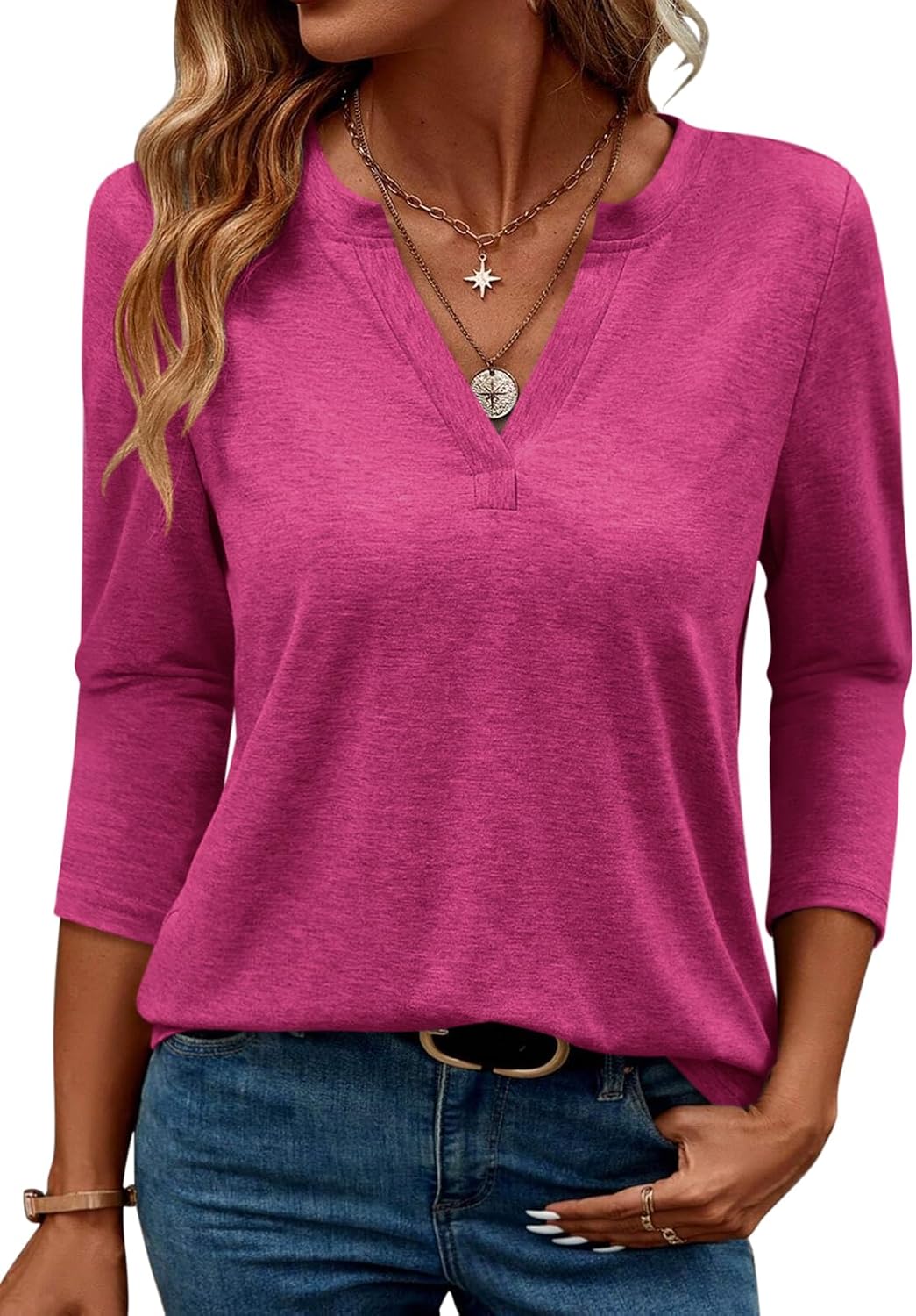 TICTICMIMI Women's V Neck 3/4 Sleeve T Shirts Casual Basic Summer Tees Shirts Loose Fit Tunic Tops