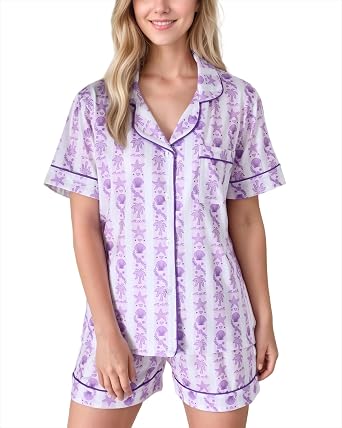 Womens 2-Piece Pajama Set Palm and starfish Print Sleepwear Breathable Short Sleeve for Birthday Gift