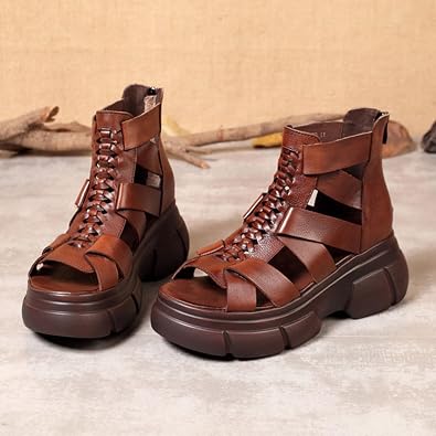 Ephirebra Women's Platform Wedge High Top Gladiator Sandal Adjustable Zipper with Buckle Open Toe Caged Roman Sandals Breathable Round Toe Casual Wedge Heel Dress Shoes, Brown, 4.5