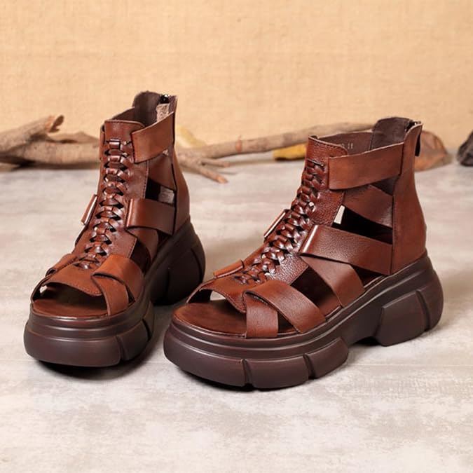 Ephirebra Women's Platform Wedge High Top Gladiator Sandal Adjustable Zipper with Buckle Open Toe Caged Roman Sandals Breathable Round Toe Casual Wedge Heel Dress Shoes, Brown, 4.5