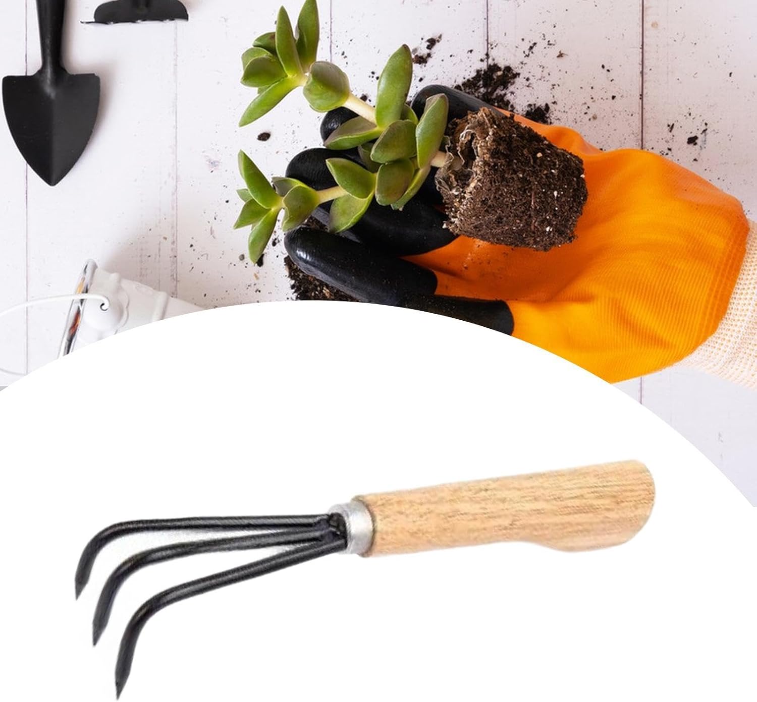Hand Rake Cultivator Handheld Small 3 Prong Multifunctional Mini Gardening Tool Hand Tiller for Weed Removal Planting Digging, Light Brown image 5