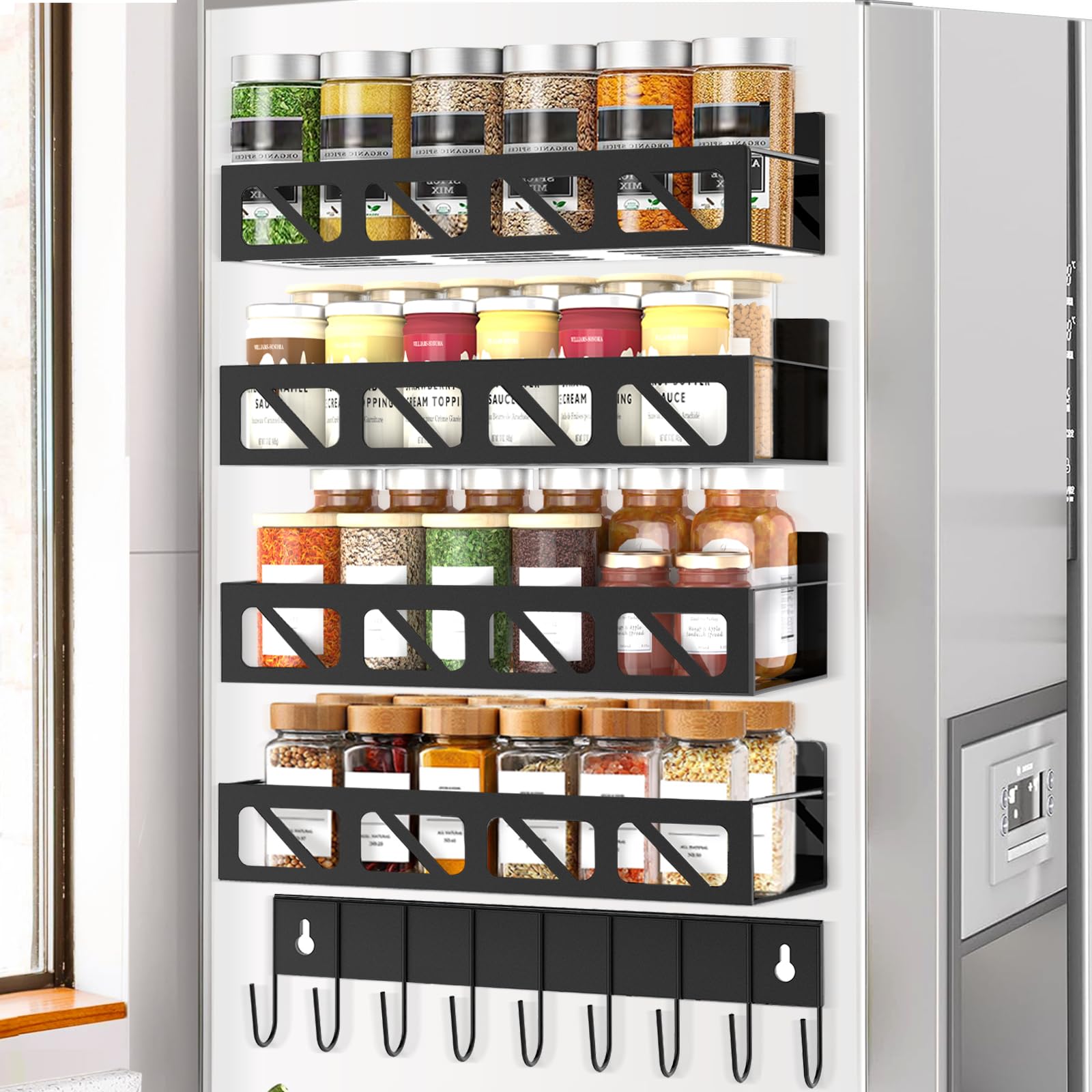 Magnetic Spice Rack Organizer for Fridge Seasoning Organizer for Kitchen storage with Screw Magnetic Shelf for Refrigerator and Oven(6pack-Black)