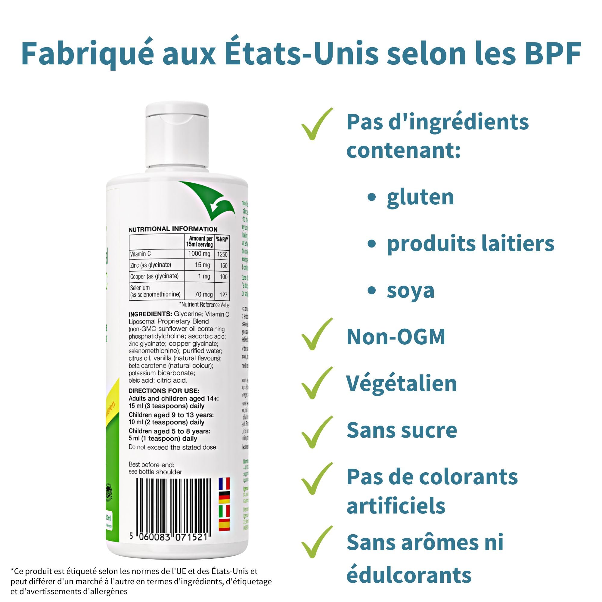 Vitamine C Liposomale 1000 mg Liquide avec Zinc, Cuivre et Sélénium - Système Immunitaire & Réduction de la Fatigue - Goût d'agrumes et vanille, Adultes et Enfants, 30 – 90 portions