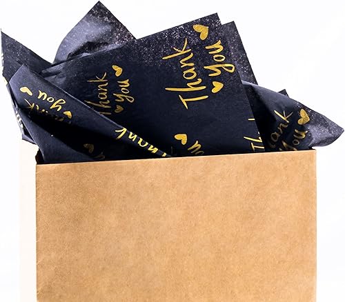 Miniatura 5 de MR FIVE 100 hojas de papel de seda de agradecimiento negro con dorado a granel, 20 x 14 pulgadas, papel de seda negro de agradecimiento para