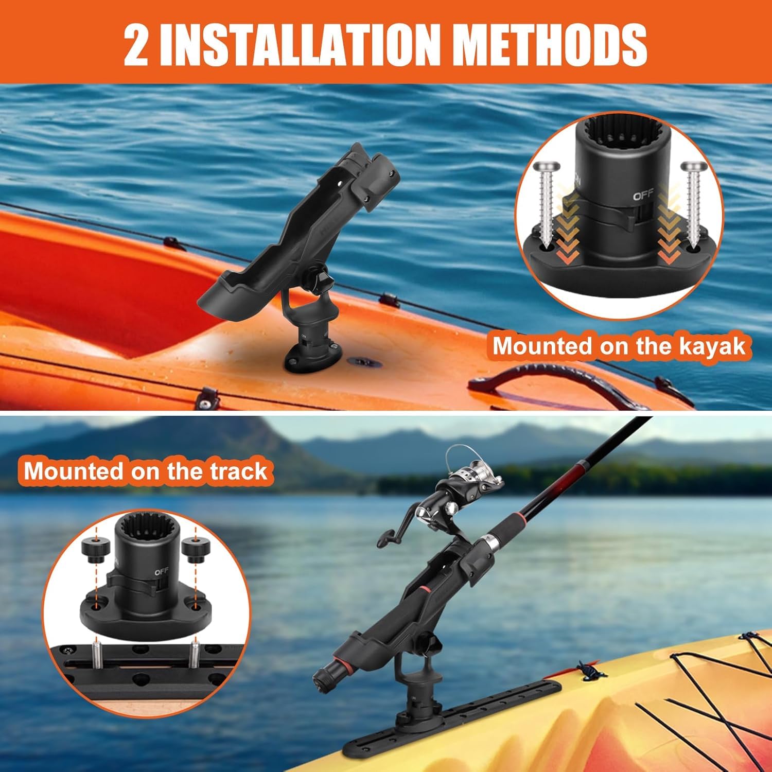 BOOSTEADY Lot de 1 Support de Canne à Pêche pour Bateau et Kayak, Porte Canne à Pêche en Réglable à 360° pour Montage sur Rail ou sur Pont