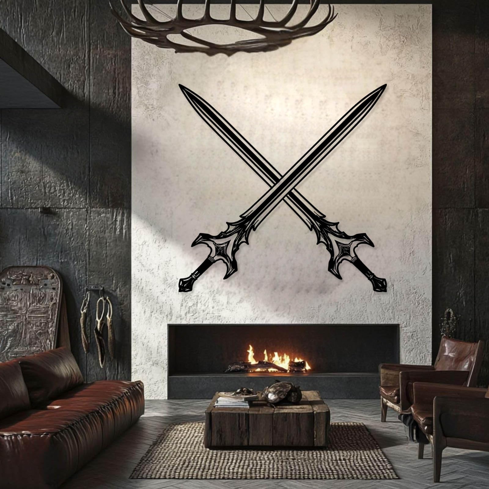 Decorazione murale in Metallo Nero a Forma di Spada Incrociata, Armatura Medievale da Cavaliere, Scultura Moderna per Soggiorno, corridoio e Scale (Nero 76 cm x 76 cm)