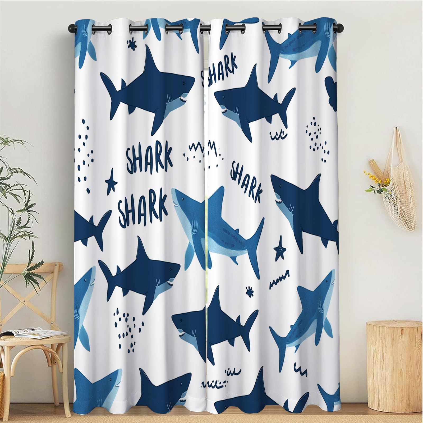 Rideau 3D requin minimaliste bleu pour une décoration de fenêtre moderne