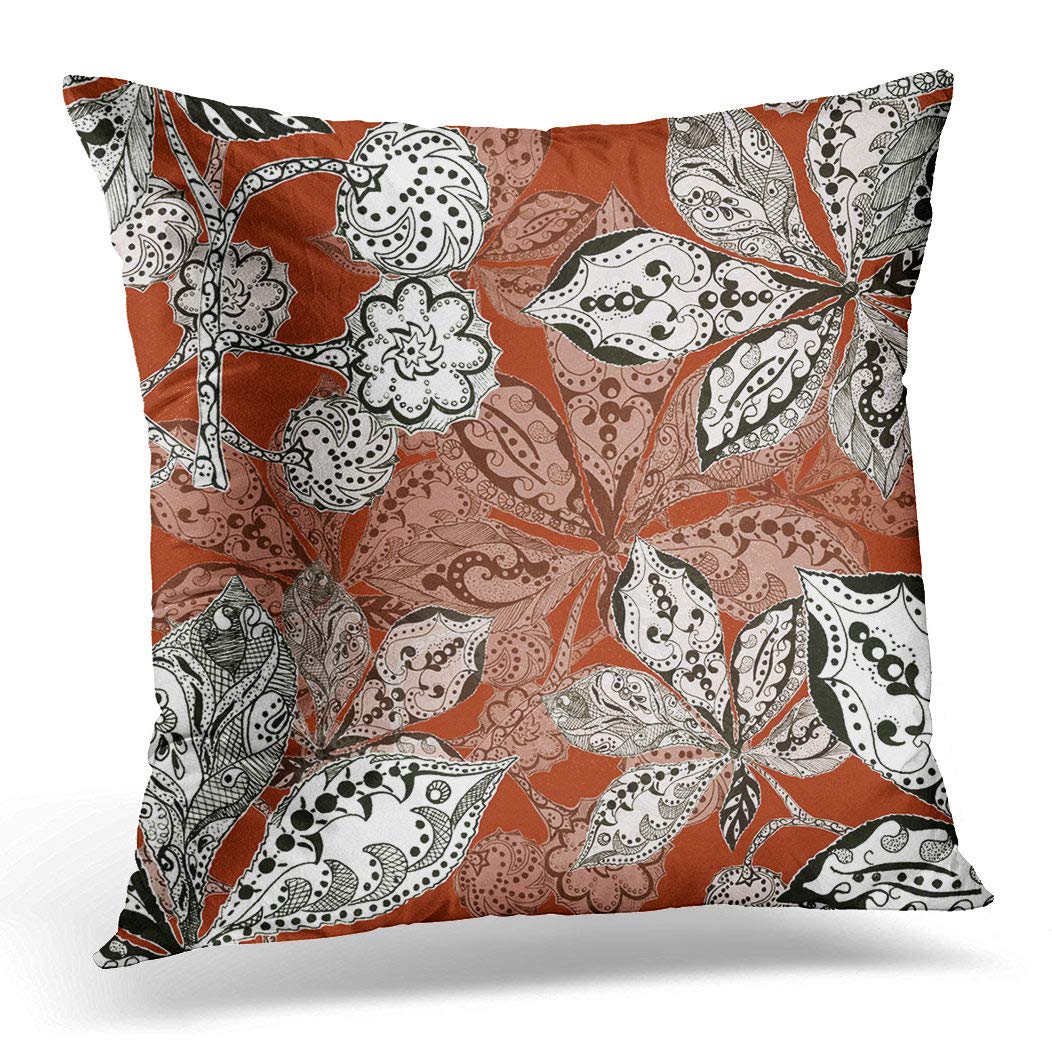 Awowee Cushion Cover 45x45cm/18x18inches Black Chestnut Leaf Pattern Monochrome Nature Terracotta White Home Decor Throw Pillow Cover Square Pillowcase for Bed Sofa