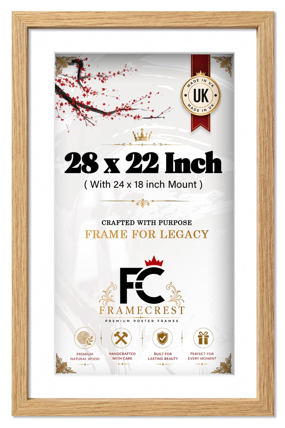 FRAMECREST LTD 28x22 Inch Oak Engineered Wood Poster Frame with Mount for 24x18 Prints - Premium Gallery-Style Wall Decor with Perspex & Hanging Hardware [Oak]
