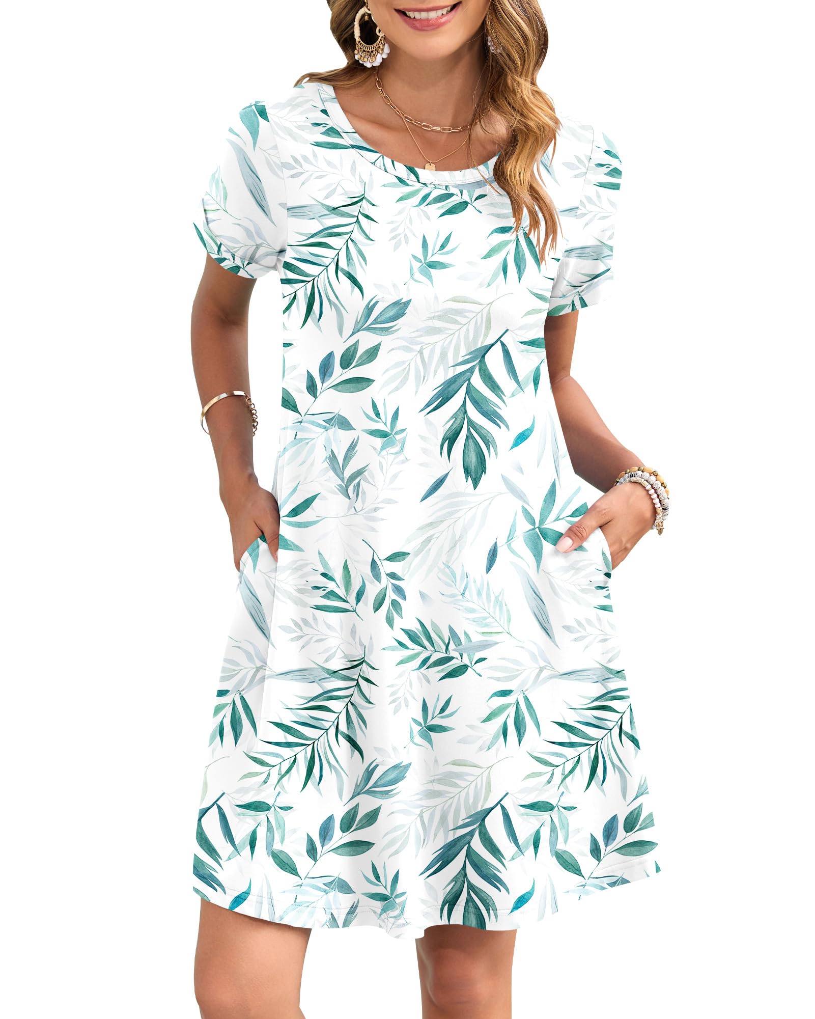 AUSELILY Women's Summer Casual Dresses 2026 Short Sleeve Swing Beach Floral T-Shirt Dress with Pockets